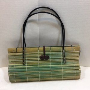 Bamboo Slat Green/Tan Tote Purse Handbag Beaded Closure Thailand 12"x6"